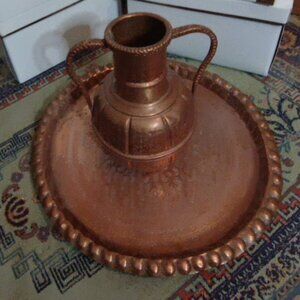 Vintage Hand-Hammered Copper Pitcher & Round Scalloped Tray Set